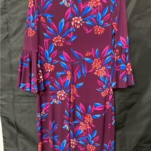 Calvin Klein Floral Long Sleeve Dress - Burgundy and Blue
